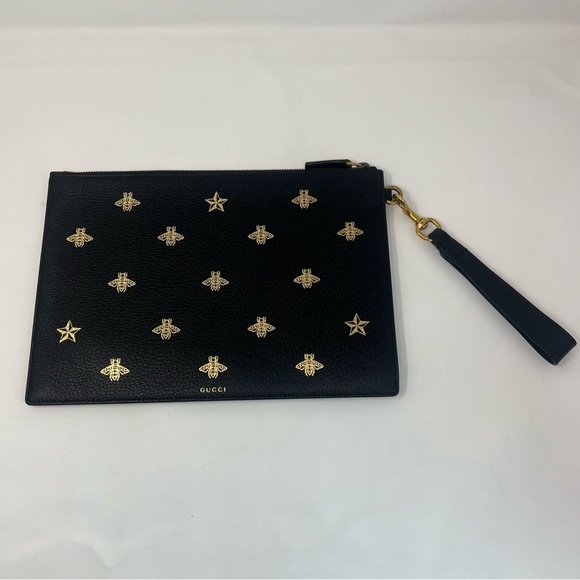 Gucci Black & Gold Black Leather Bee Star Wristlet Clutch - Picture 1 of 10